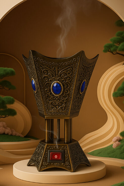 Royal Gold Electric Mabkhara – Incense Burner with Blue Gem Inlays