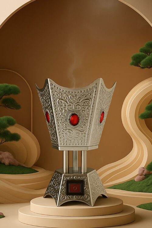Vintage Tower Electric Bukhoor Burner – Gray with Red Crystal Accents